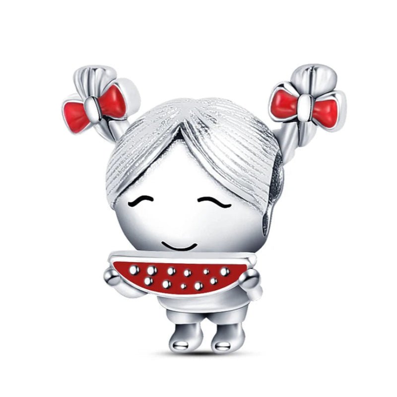 Little Girl Sterling Silver Plated Charm Red Watermelon Piggy Tails