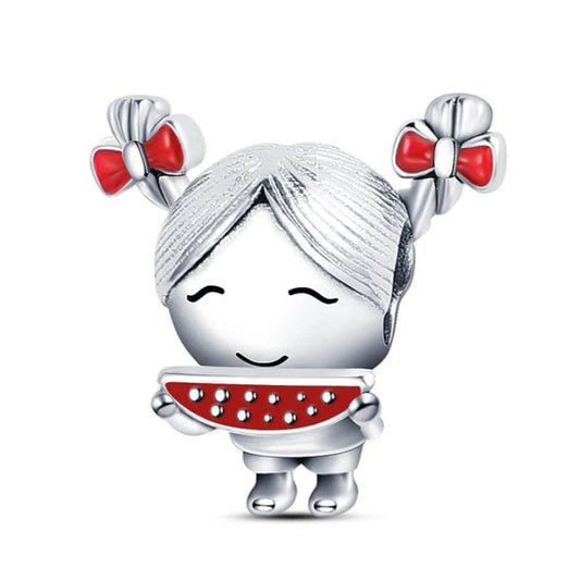 Little Girl Sterling Silver Plated Charm Red Watermelon Piggy Tails