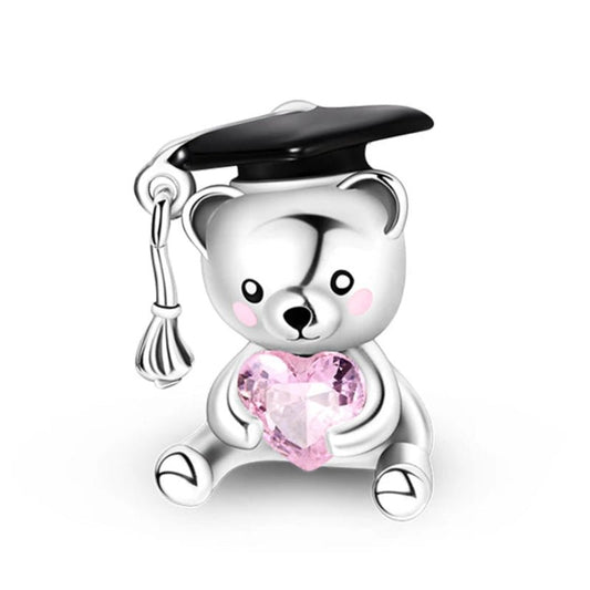 Graduation Day Sterling Silver Plated Charm Teddy Bear Pink Heart