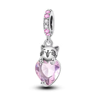 Cute Happy Cat Sterling Silver Plated Charm Pink Love Heart