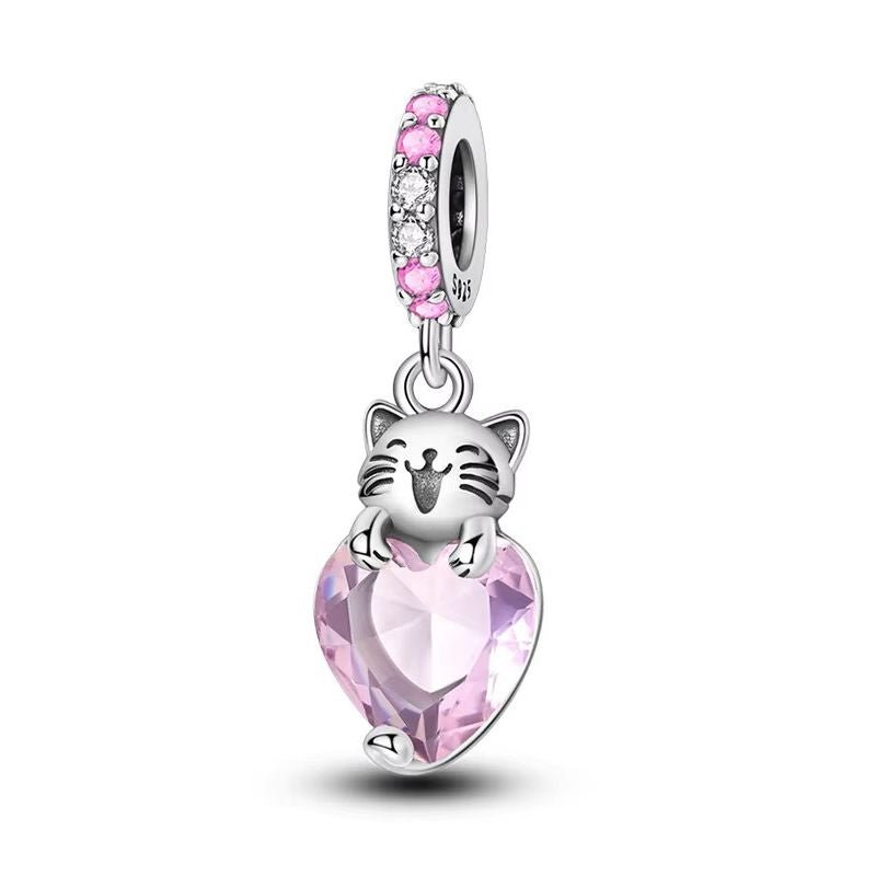 Cute Happy Cat Sterling Silver Plated Charm Pink Love Heart
