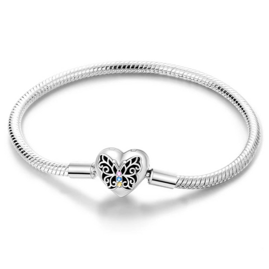 Sterling Silver Plated Charm Bracelet with Heart Clasp Butterfly