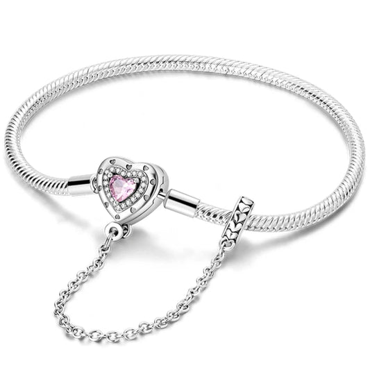 Charm Bracelet with Heart Clasp and Chain Pink