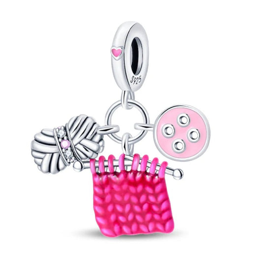 Knitted Square Charm Sterling Silver S925 Knitting Needles Wool