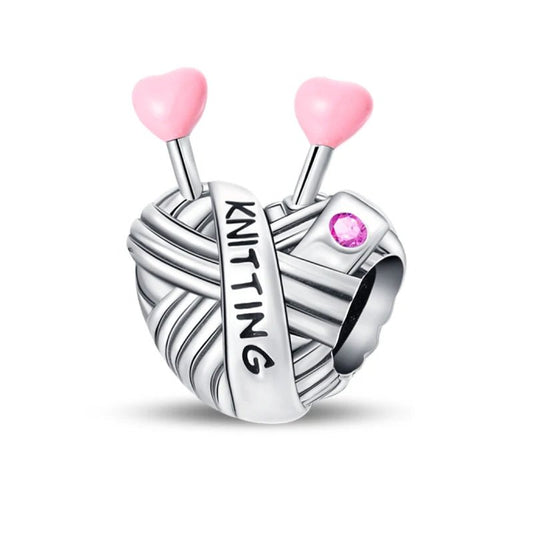 Knitting Charm Sterling Silver S925 Love Heart Needles