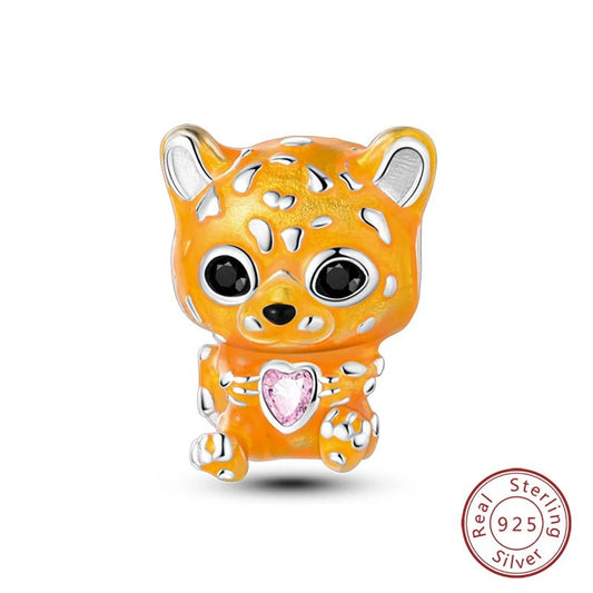 Leopard Sterling Silver Plated Charm Pink Love Heart