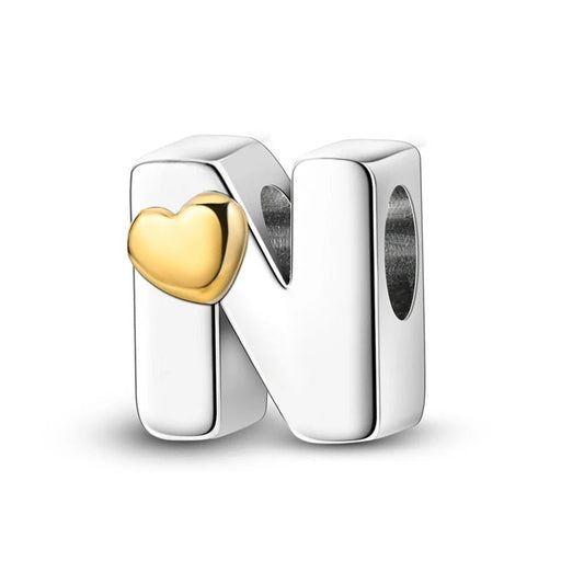 N Initial Charm Sterling Silver S925 Mini Gold Colour Heart