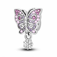 Pink Purple Butterfly Sterling Silver Plated Charm Dangling Flower