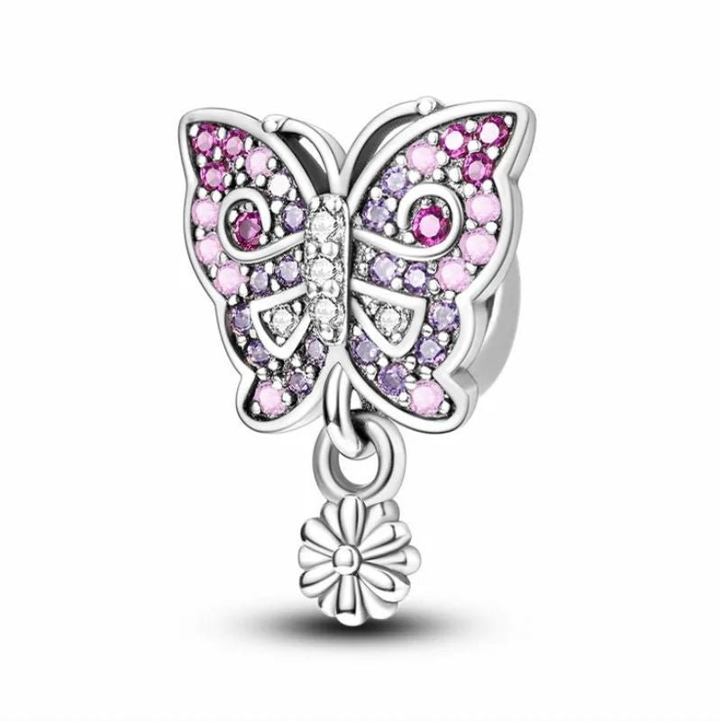 Pink Purple Butterfly Sterling Silver Plated Charm Dangling Flower