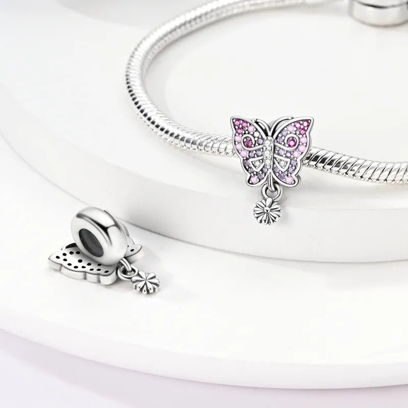 Pink Purple Butterfly Sterling Silver Plated Charm Dangling Flower