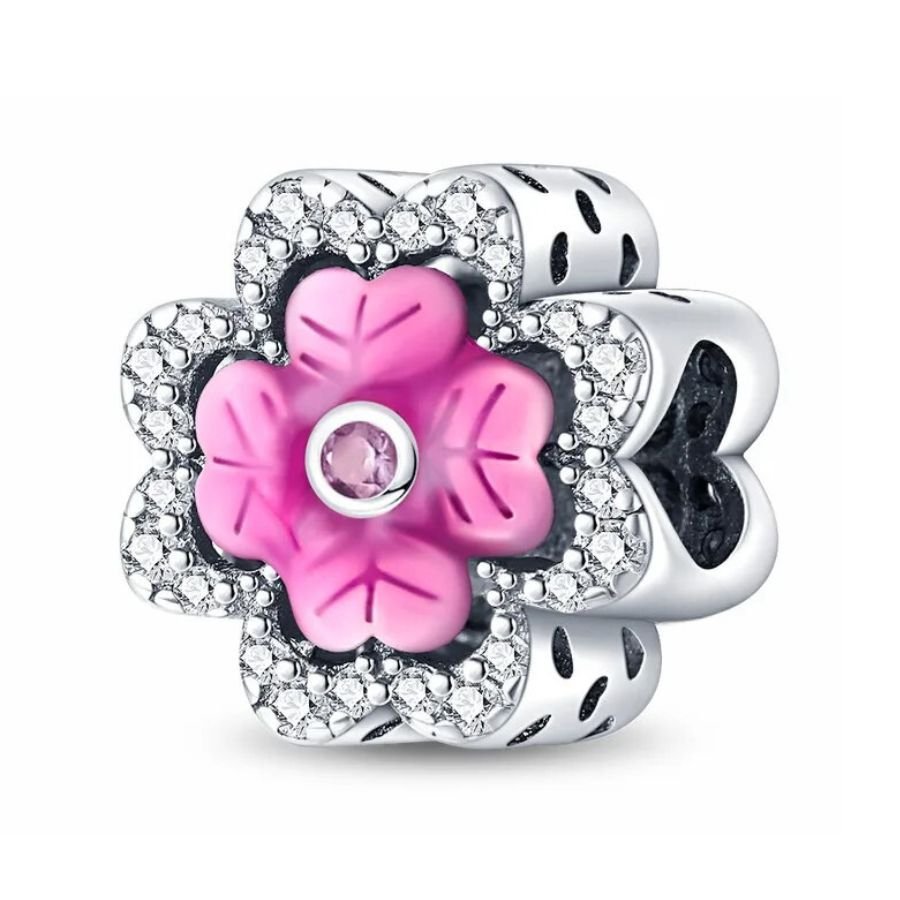 Pink Flower Sterling Silver Plated Charm Gemstones Love Heart