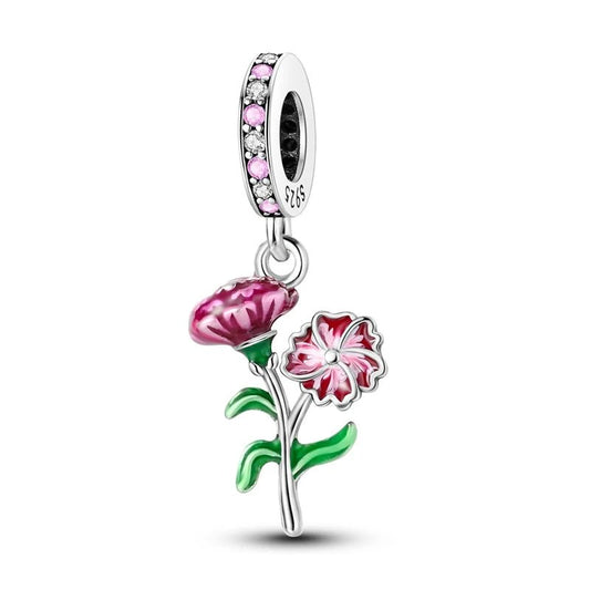 Pink Flowers Charm Sterling Silver S925 Dangling Garden