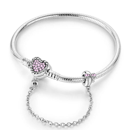 Pink Charm Bracelet with Love Heart Clasp and Chain Bow