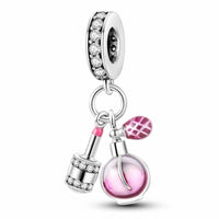 Pink Puff Perfume Bottle Sterling Silver Plated Charm Lipstick Beauty