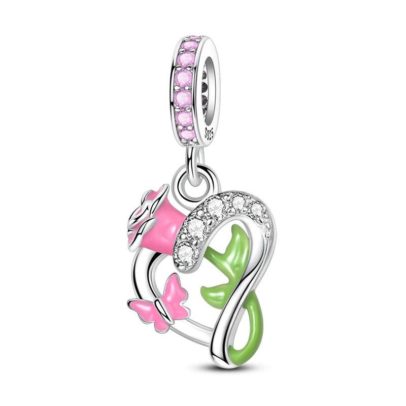 Pink Rose Charm Sterling Silver S925 Butterfly Love Heart