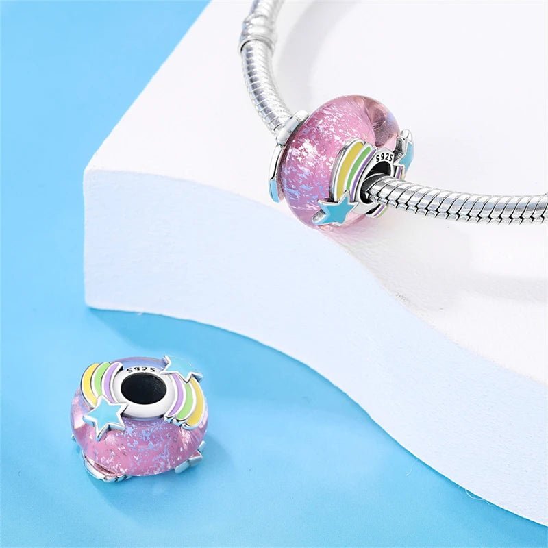 Rainbow Sterling Silver Plated Charm Blue Star Pink Glass Bead