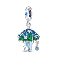 Rainy Day Sterling Silver Plated Charm Blue Green Umbrella Ribbon