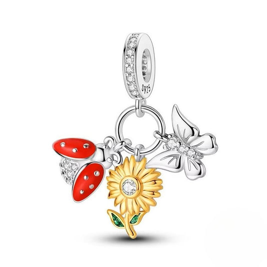 Red Ladybug Charm Sterling Silver S925 Sunflower Butterfly Garden