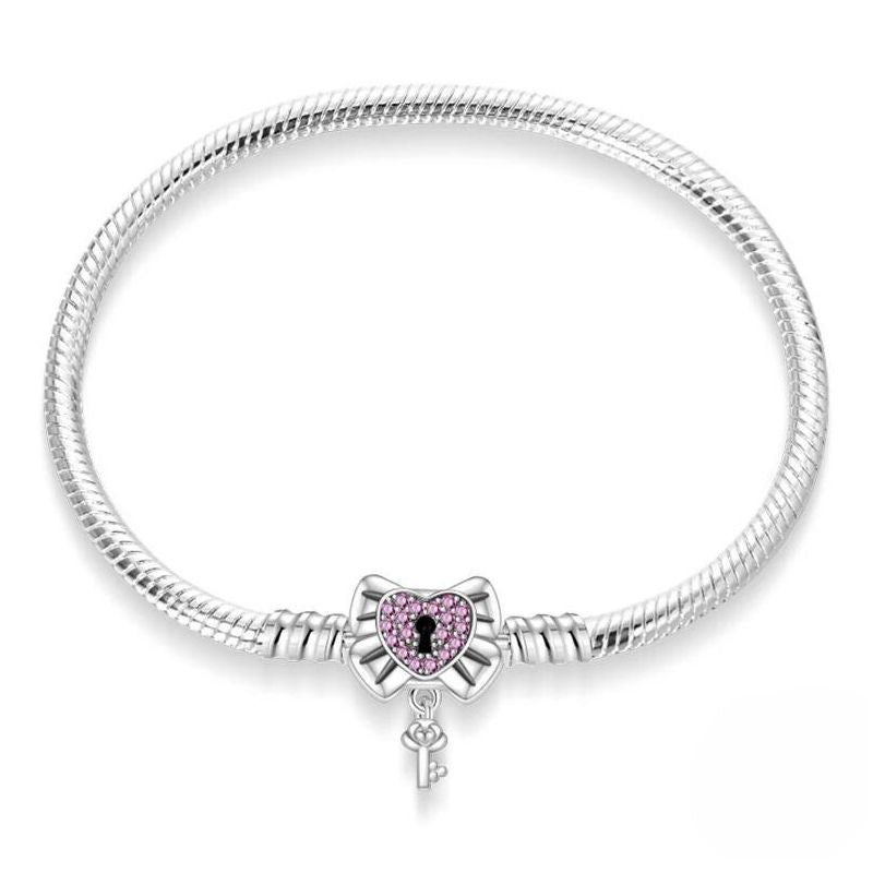 Sterling Silver Plated Charm Bracelet with Ribbon Bow Clasp Dangling Key