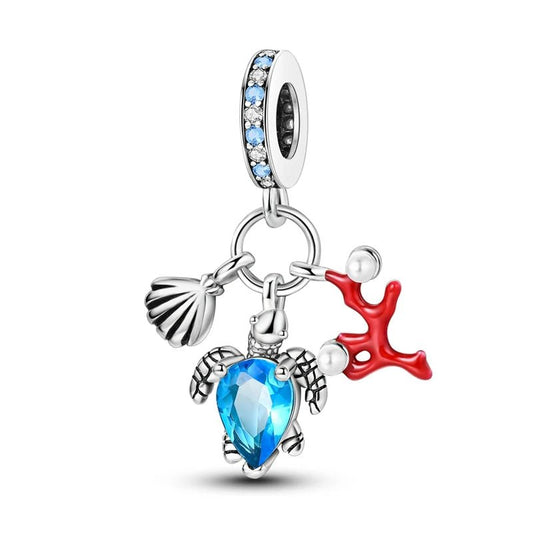 Ocean Sterling Silver Plated Charm Blue Turtle Coral Clam