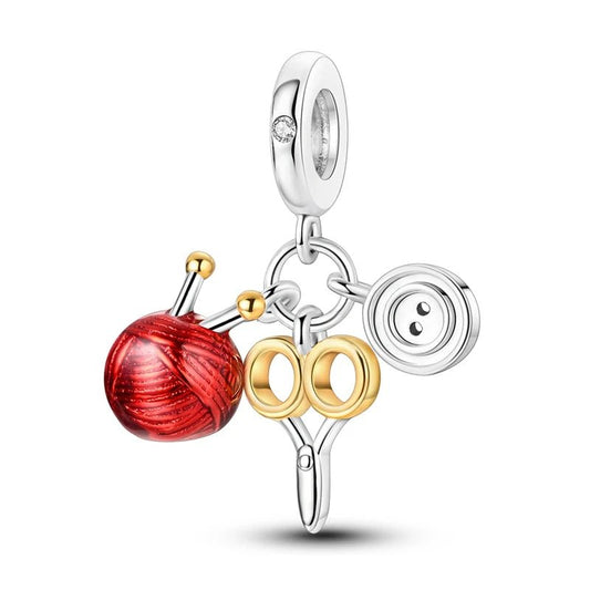 Knitting Charm Red Wool Needles Scissors Button