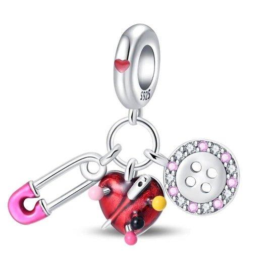Sewing Charm Sterling Silver S925 Safety Pin Needles Button