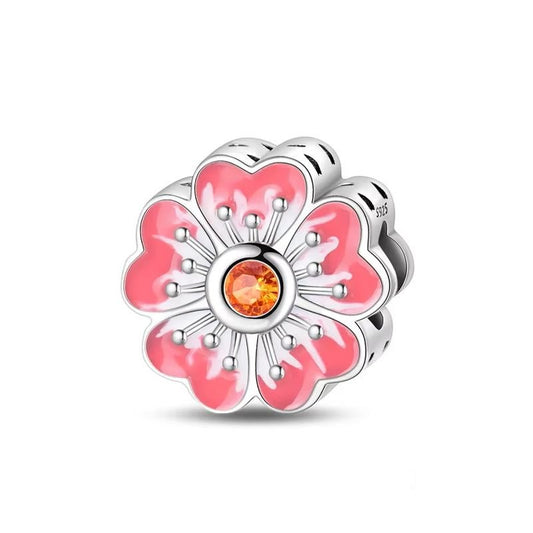 Single Pink Flower Charm Sterling Silver S925 Orange Centre