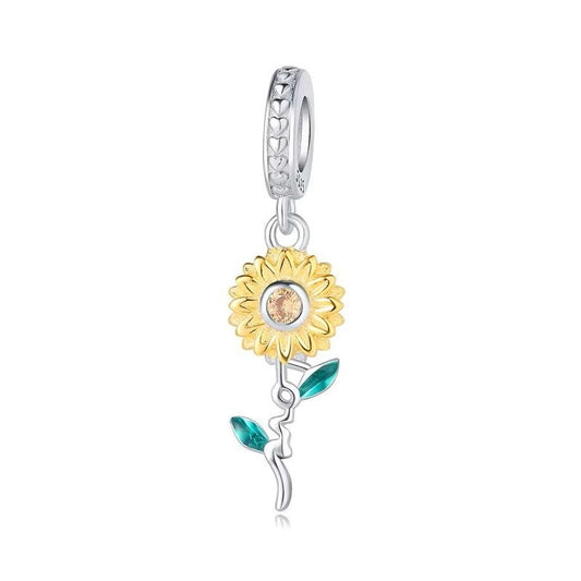 Single Yellow Flower Charm Sterling Silver S925 Love Stem
