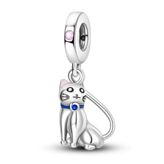 Sitting Pet Cat Sterling Silver Plated Charm Blue Collar