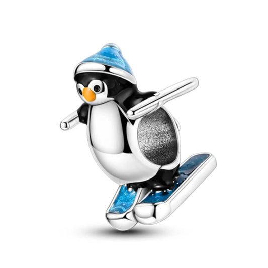 Skiing Penguin Sterling Silver Plated Charm Blue Beanie Skies