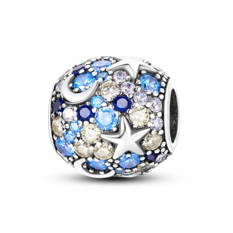 Starry Sterling Silver Plated Charm Moon Star Light Blue Dark Blue