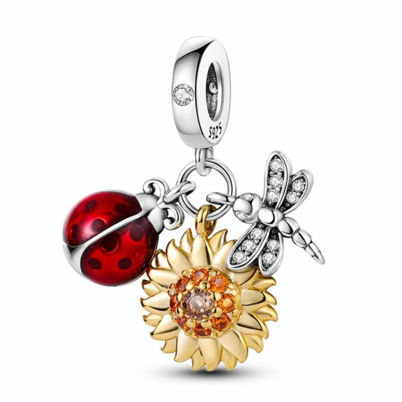 Sunflower Sterling Silver Plated Charm Ladybug Dragonfly Garden Insect Charm