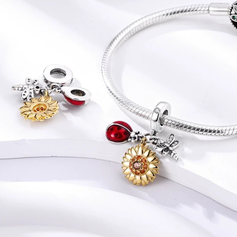 Sunflower Sterling Silver Plated Charm Ladybug Dragonfly Garden Insect Charm