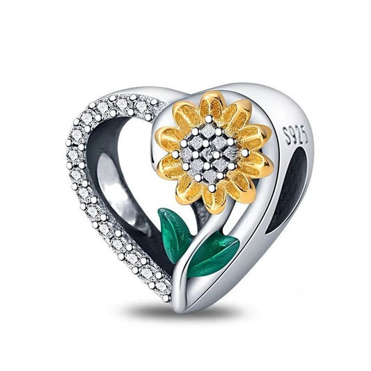 Sunflower Charm Sterling Silver S925 Yellow Flower Heart