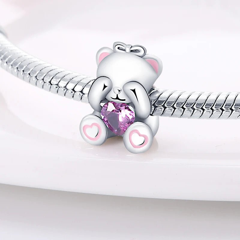 Teddy Bear Sterling Silver Plated Charm Peek a Boo Heart
