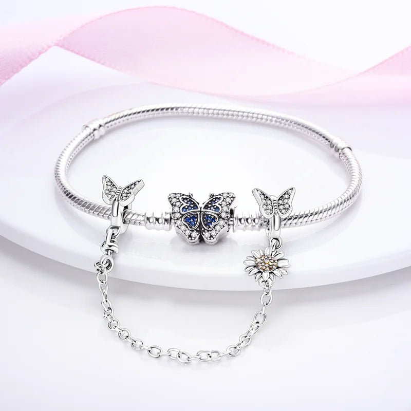 Twin Butterfly Sterling Silver Plated Safety Chain Yellow Flower