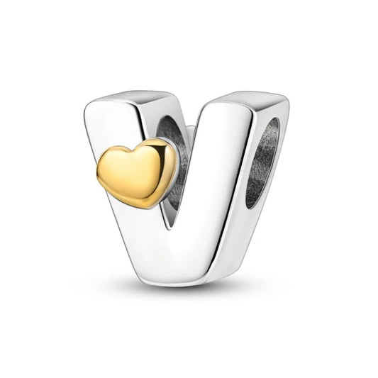 V Initial Charm Sterling Silver S925 Mini Gold Colour Heart
