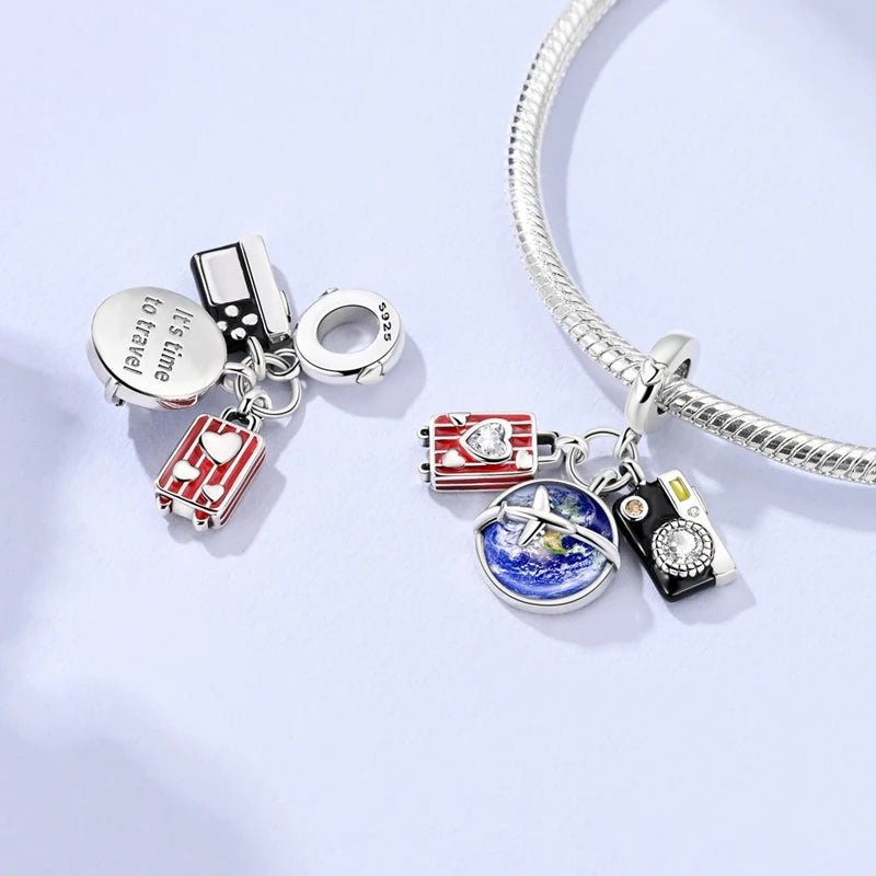 World Travel Sterling Silver Plated Charm Camera Red Suitcase