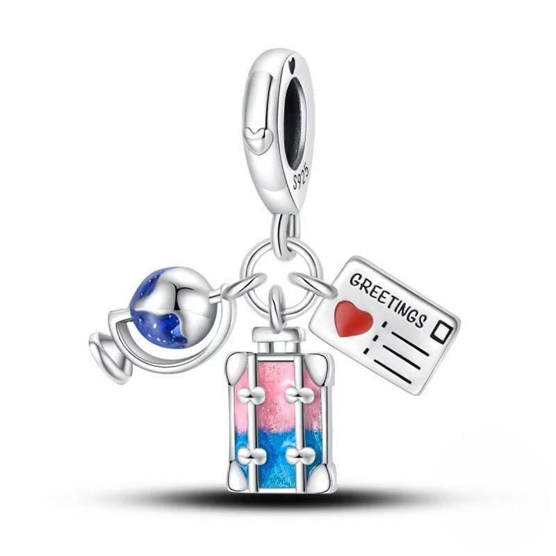 World Travel Sterling Silver Plated Charm Post Card Pink Blue