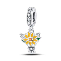 Yellow Flower Sterling Silver Plated Charm Ribbon Bouquet