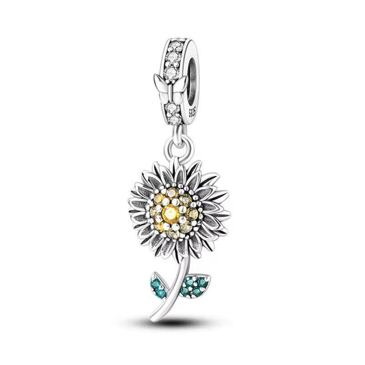 Yellow Flower Charm Sterling Silver S925 Single Stem Butterfly