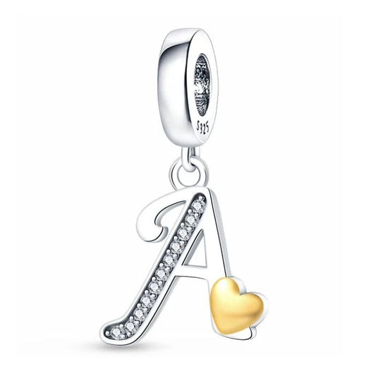 A Initial Sterling Silver Plated Charm Alphabet Letter Love Heart Gold Color