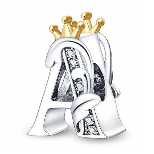 A Letter Sterling Silver Plated Charm Initial Crown Alphabet Gold Colour