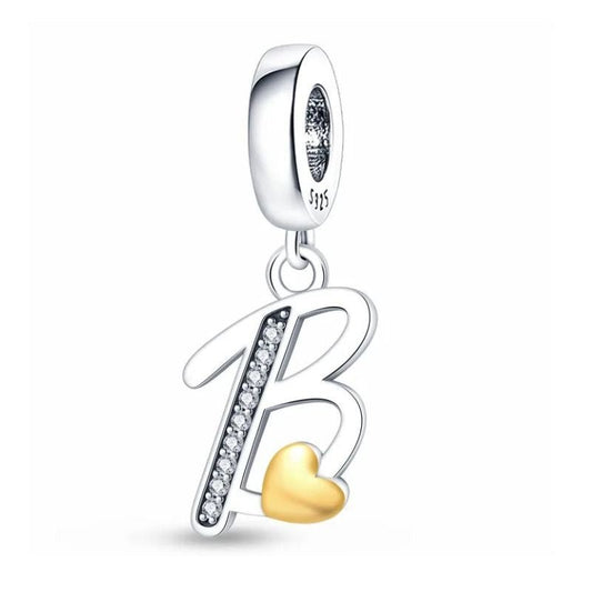 B Initial Sterling Silver Plated Charm Alphabet Letter Love Heart Gold Color
