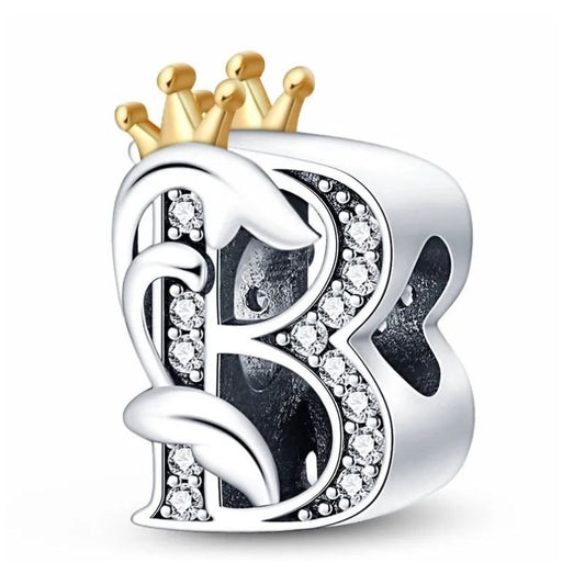 B Letter Sterling Silver Plated Charm Initial Crown Alphabet Gold Colour