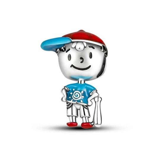 Baseball Boy Sterling Silver Plated Charm Cap Baseball Bat Red Blue