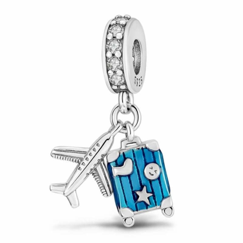 Blue Travel Suitcase Sterling Silver Plated Charm Airplane Traveler