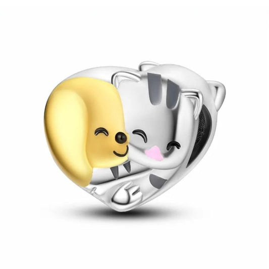 Cat and Dog Sterling Silver Plated Charm Best Friends Pet Gold Color