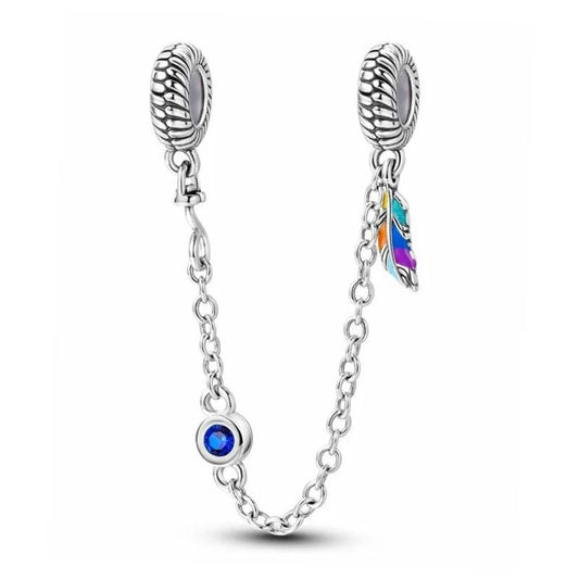 Colorful Feather Sterling Silver Plated Safety Chain Bird Blue