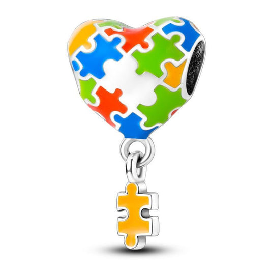 Colorful Jigsaw Sterling Silver Plated Charm Puzzle Love Heart